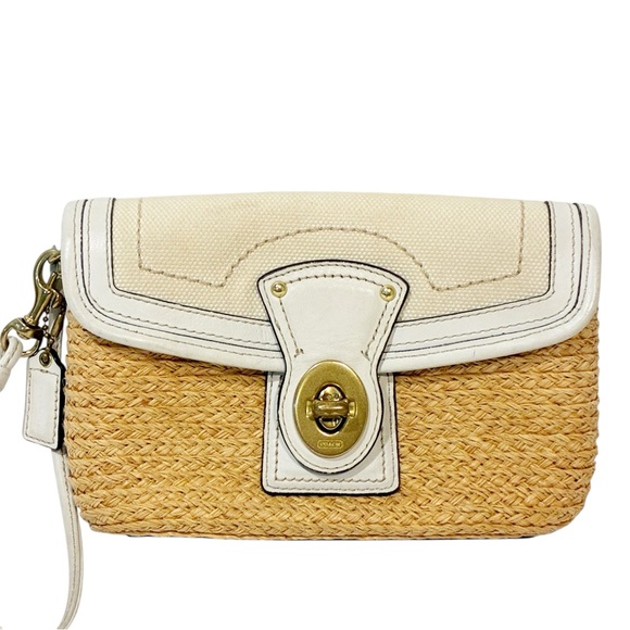 Coach Straw‎ Raffia Summertime White Gold Leather Turn Buckle Wristlet Clutch